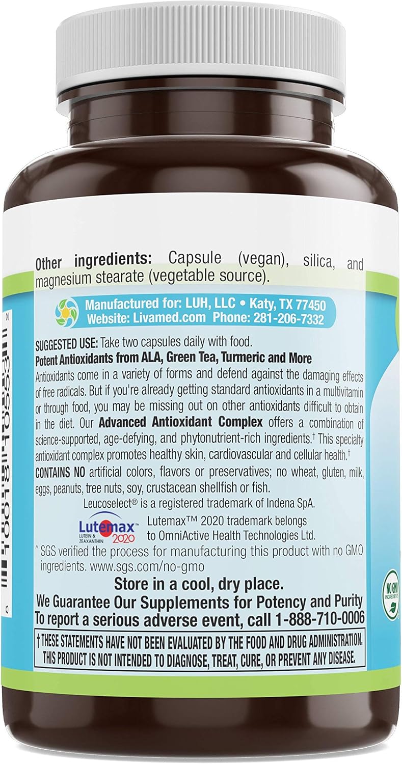 Livamed Antioxidant Complex Supplement - 60 Vegetarian Capsules, High Potency Formula