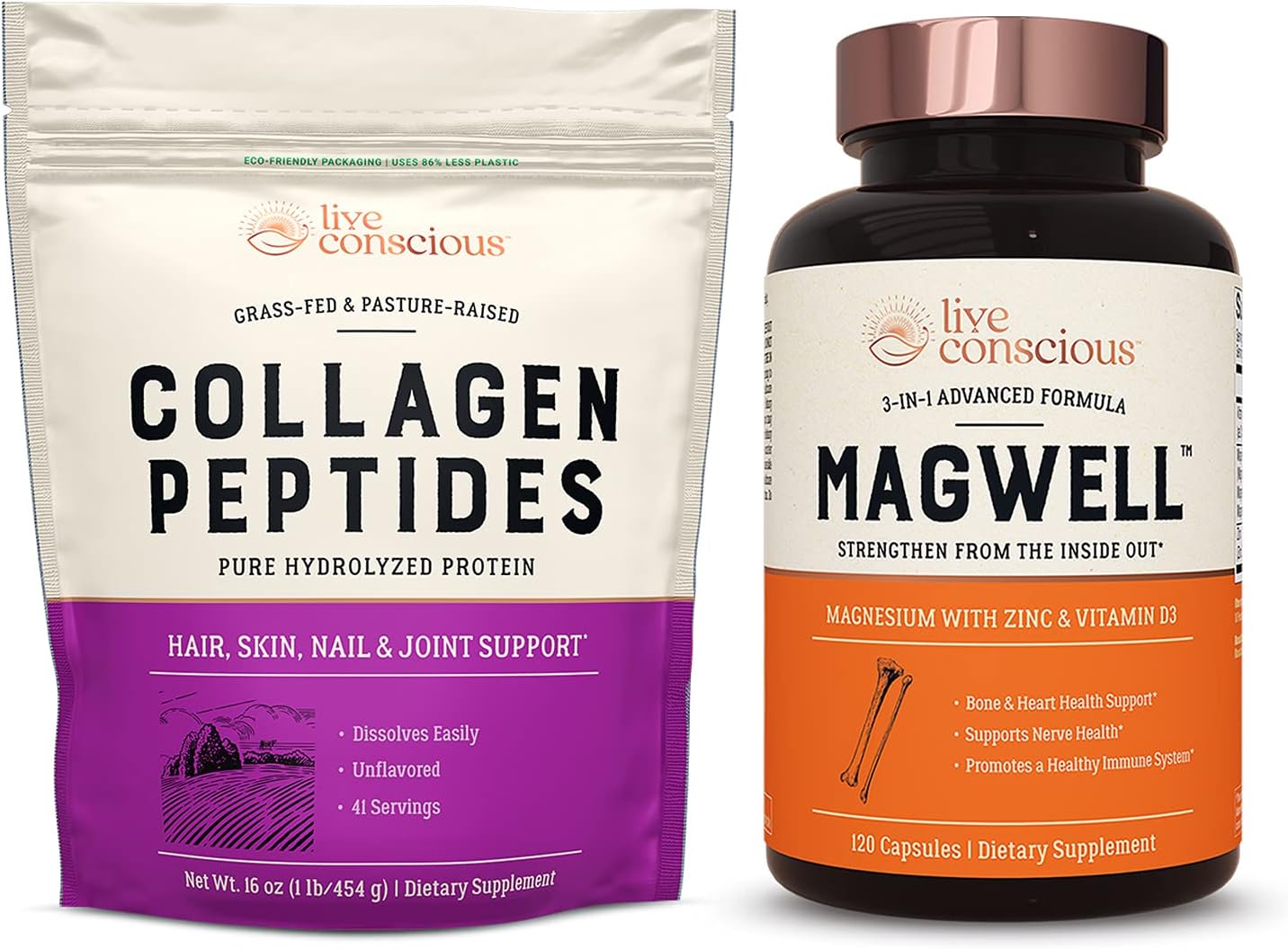 Live Conscious Collagen Peptides with MagWell: Hair, Skin, Nail, Joint, Bone, Heart, and Immune Support
