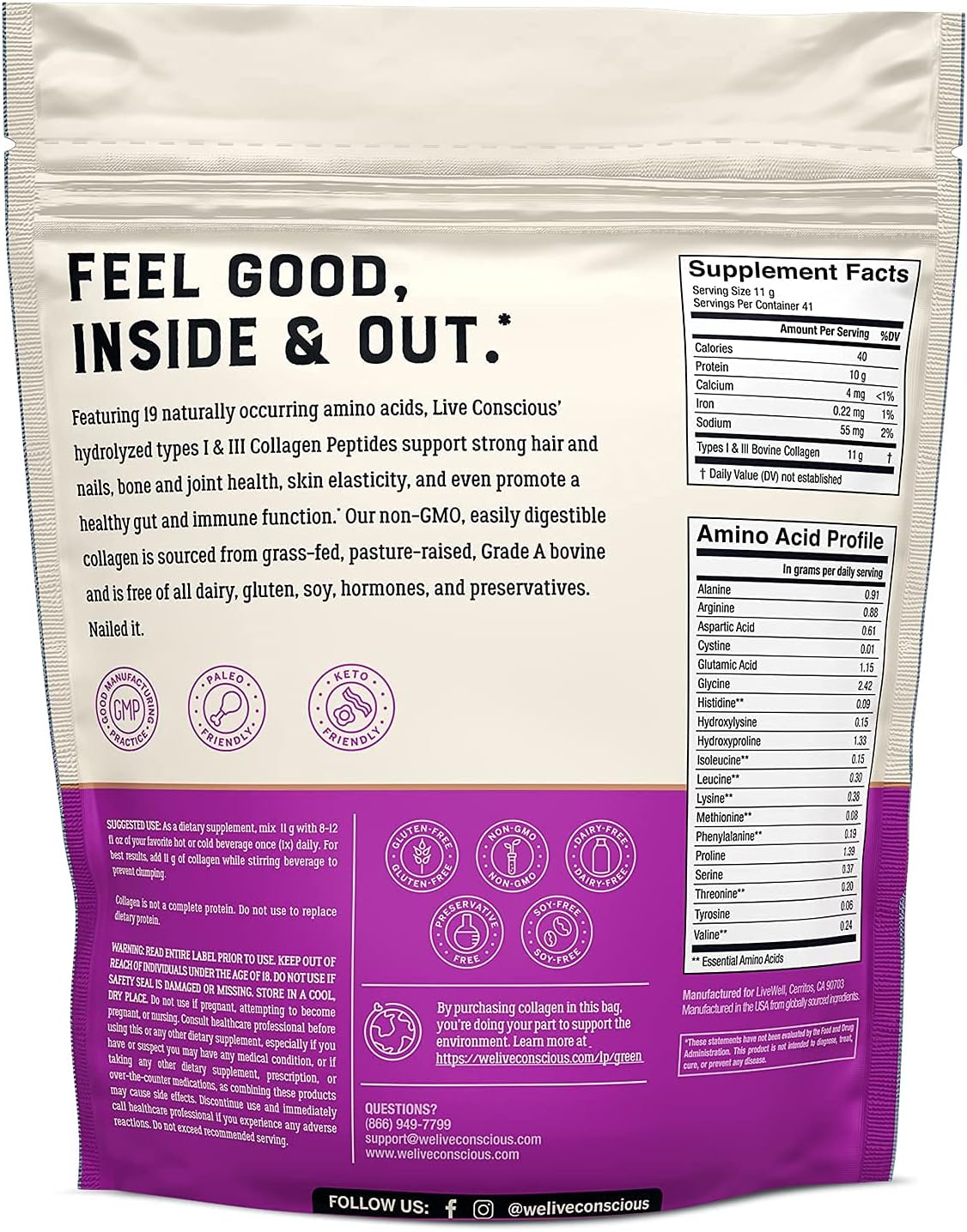 Live Conscious Collagen Peptides with MagWell: Hair, Skin, Nail, Joint, Bone, Heart, and Immune Support