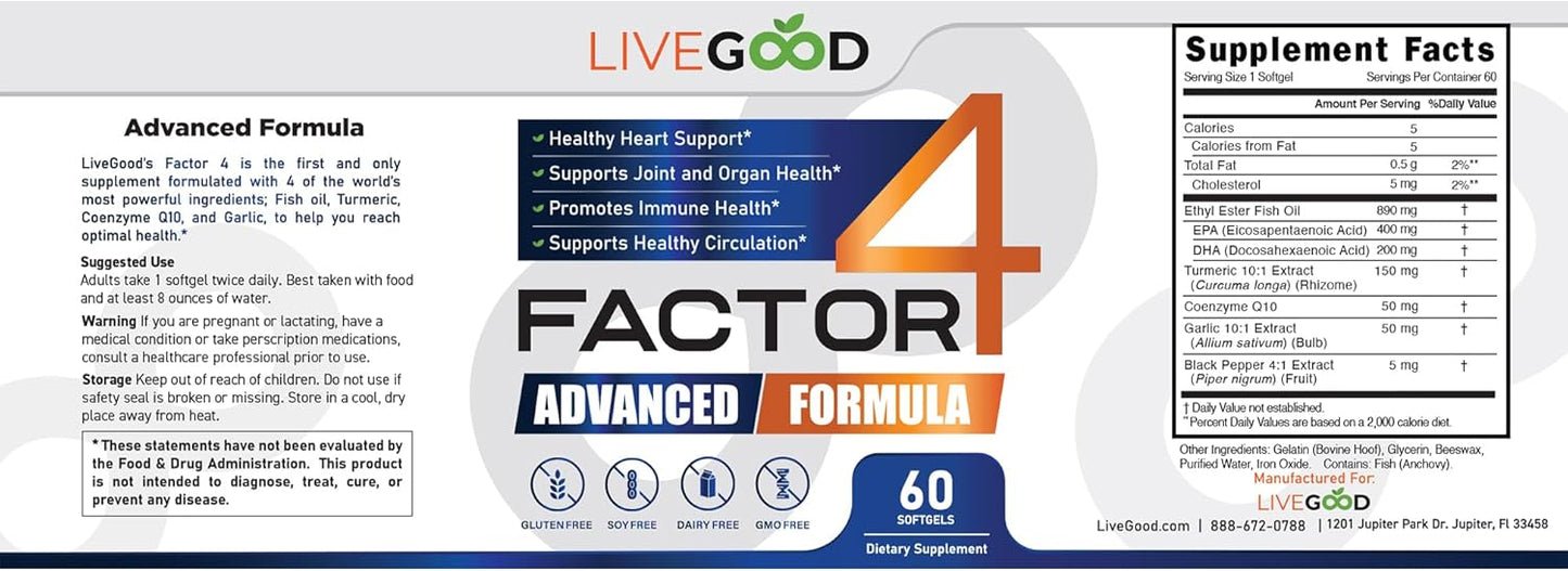 LIVEGOOD™ Factor4 Advanced Supplement with Fish Oil, Turmeric, Coenzyme Q10, Garlic - Non-GMO - 60 Capsules