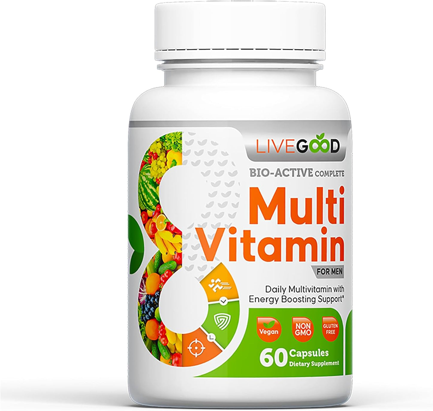 LiveGood™ Men's Bio-Active Multivitamin with Vitamin A, B12, C, E, Lycopene - Vegan Daily Supplement, 60 Capsules
