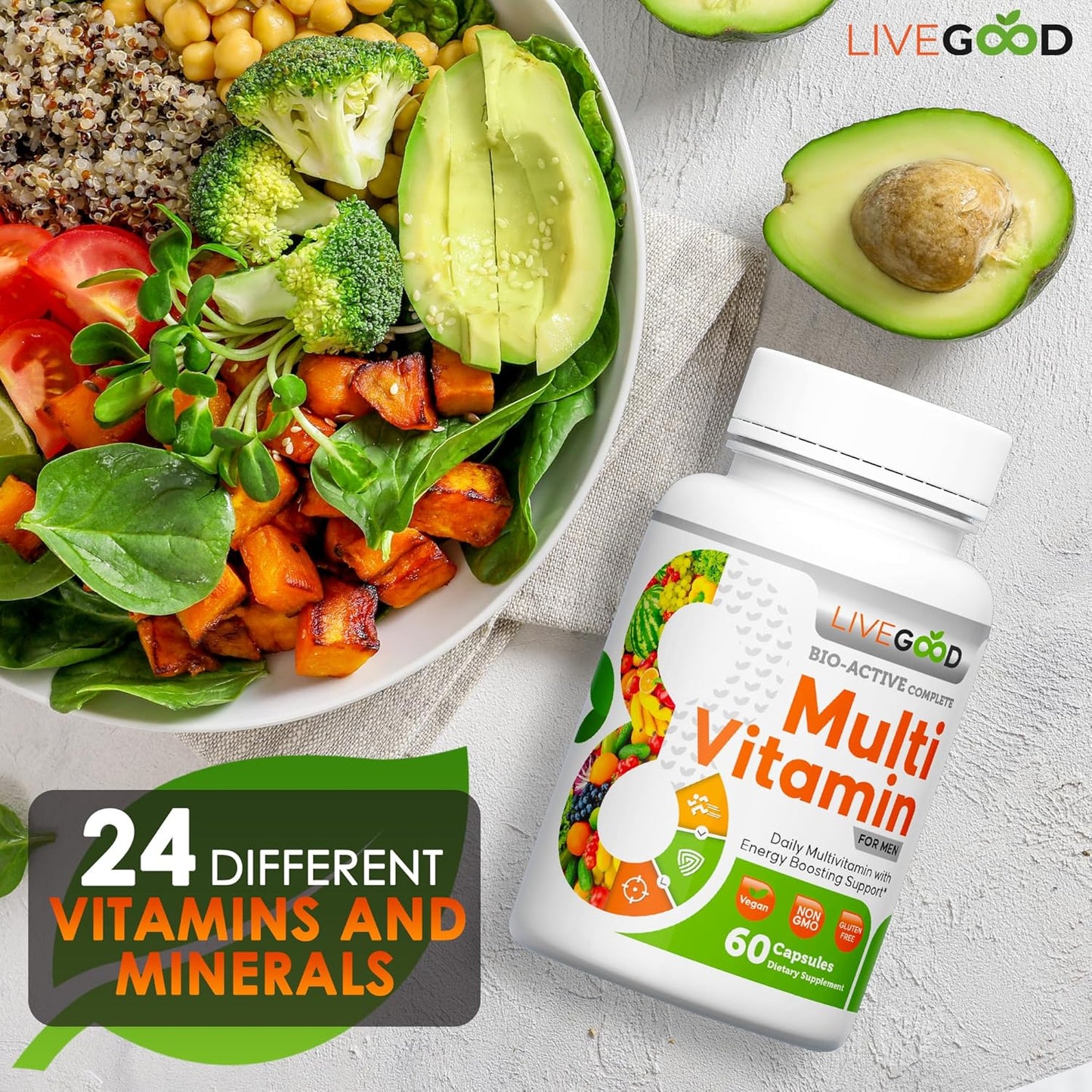 LiveGood™ Men's Bio-Active Multivitamin with Vitamin A, B12, C, E, Lycopene - Vegan Daily Supplement, 60 Capsules