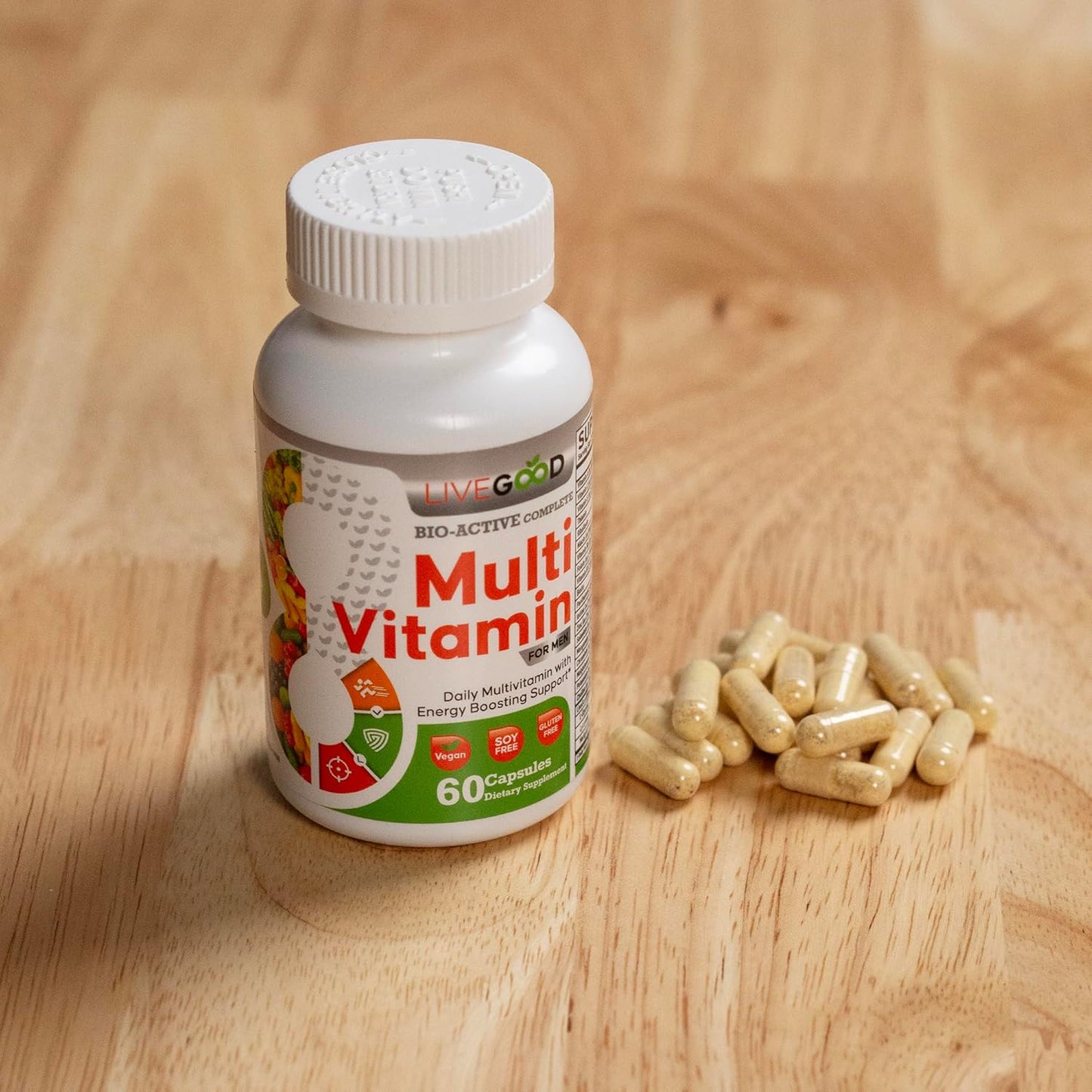 LiveGood™ Men's Bio-Active Multivitamin with Vitamin A, B12, C, E, Lycopene - Vegan Daily Supplement, 60 Capsules