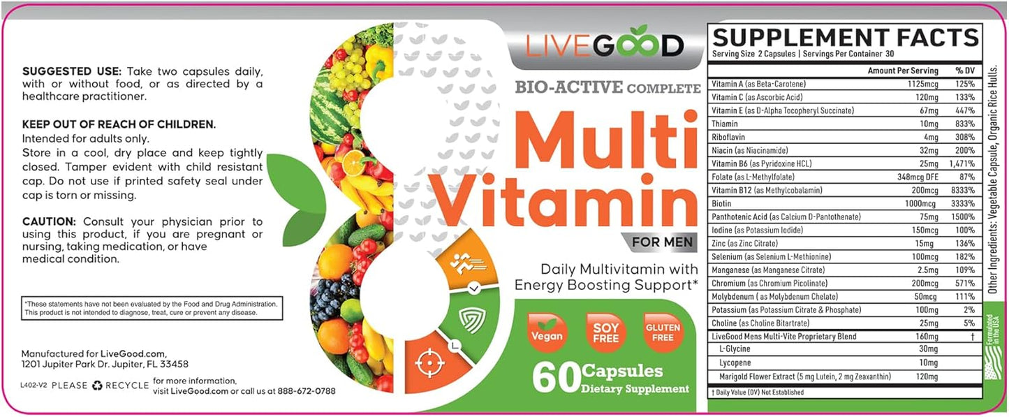 LiveGood™ Men's Bio-Active Multivitamin with Vitamin A, B12, C, E, Lycopene - Vegan Daily Supplement, 60 Capsules
