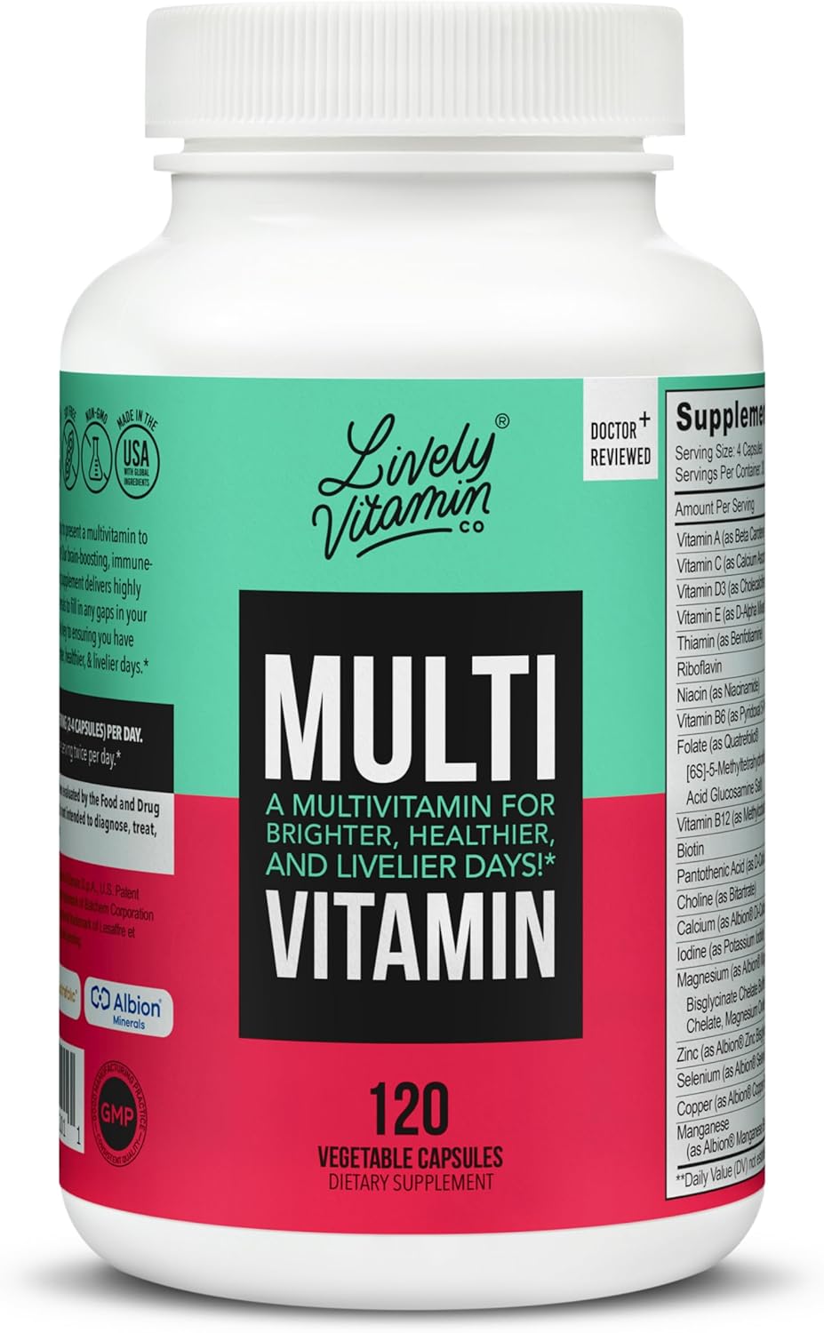 LIVELY VITAMIN CO. Multivitamin Supplement - 37 Essential Nutrients for Energy, Memory, Immune Support, Heart and Brain Health - Antioxidants - 120 Veg Caps - Gluten Soy Dairy Free