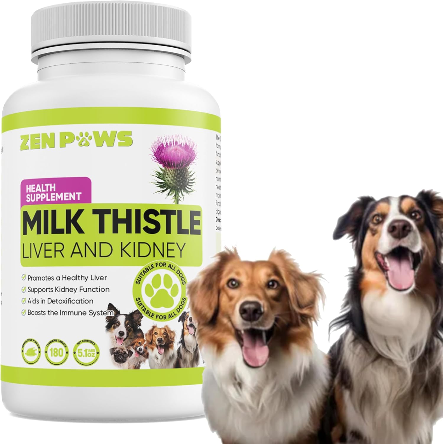 Liver and Kidney Support Supplement for Dogs - 180 Chewable Tablets - Detox and Liver Health for Canines - Zenpaws Milk Thistle, 800 mg