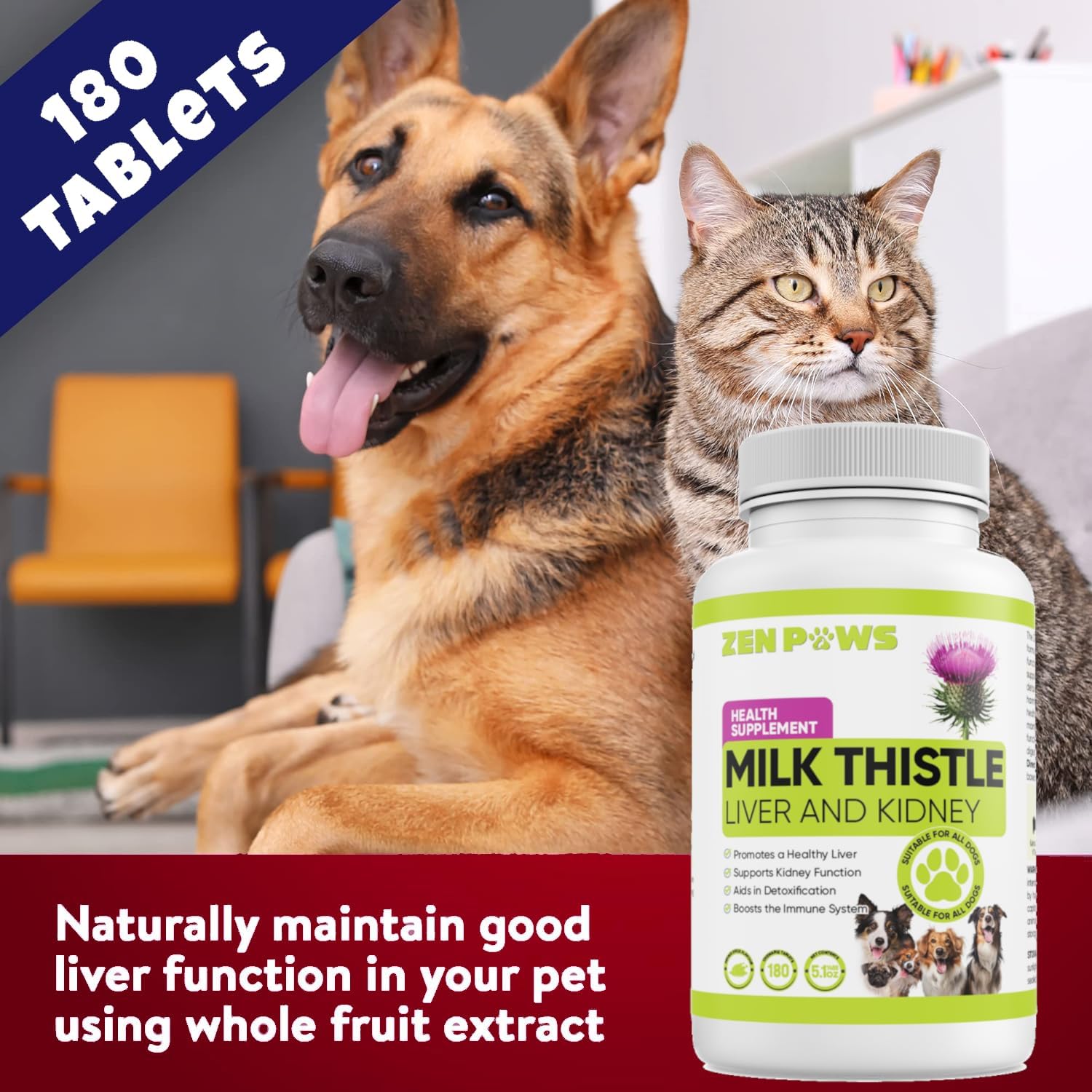 Liver and Kidney Support Supplement for Dogs - 180 Chewable Tablets - Detox and Liver Health for Canines - Zenpaws Milk Thistle, 800 mg