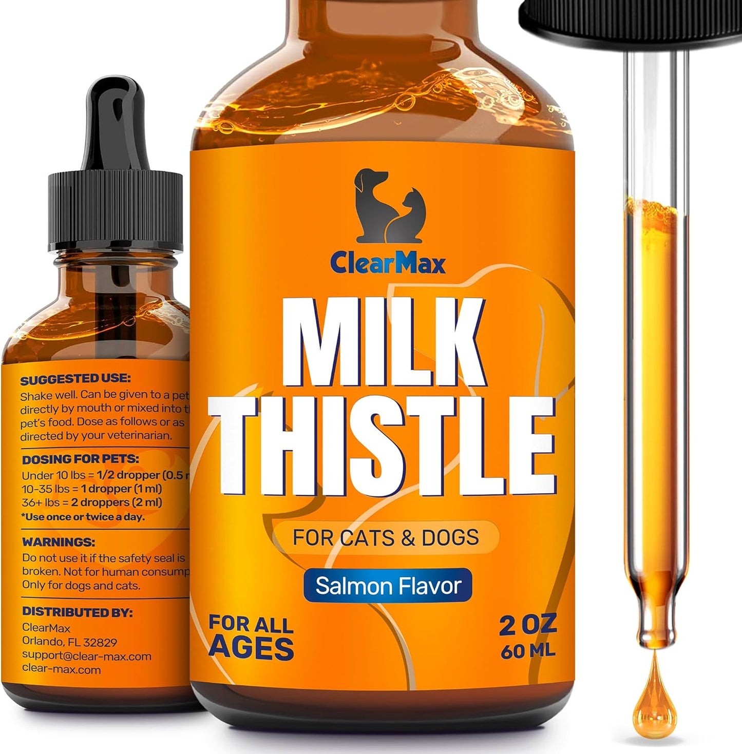 Liver and Kidney Support Supplement for Dogs and Cats - Clear Max Milk Thistle Formula - 2Oz Bottle