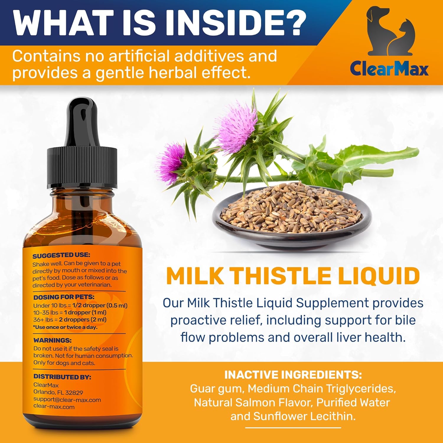 Liver and Kidney Support Supplement for Dogs and Cats - Clear Max Milk Thistle Formula - 2Oz Bottle