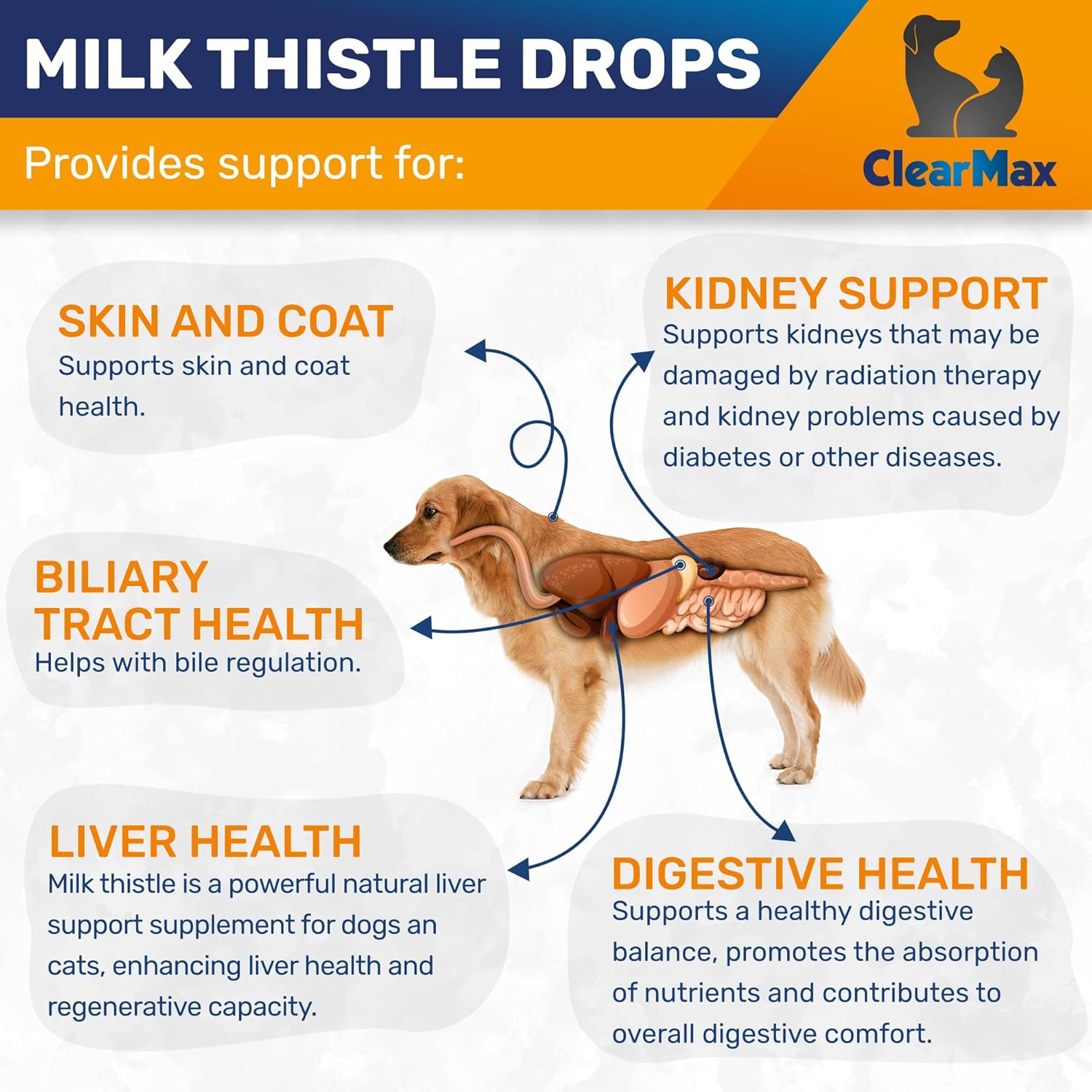 Liver and Kidney Support Supplement for Dogs and Cats - Clear Max Milk Thistle Formula - 2Oz Bottle