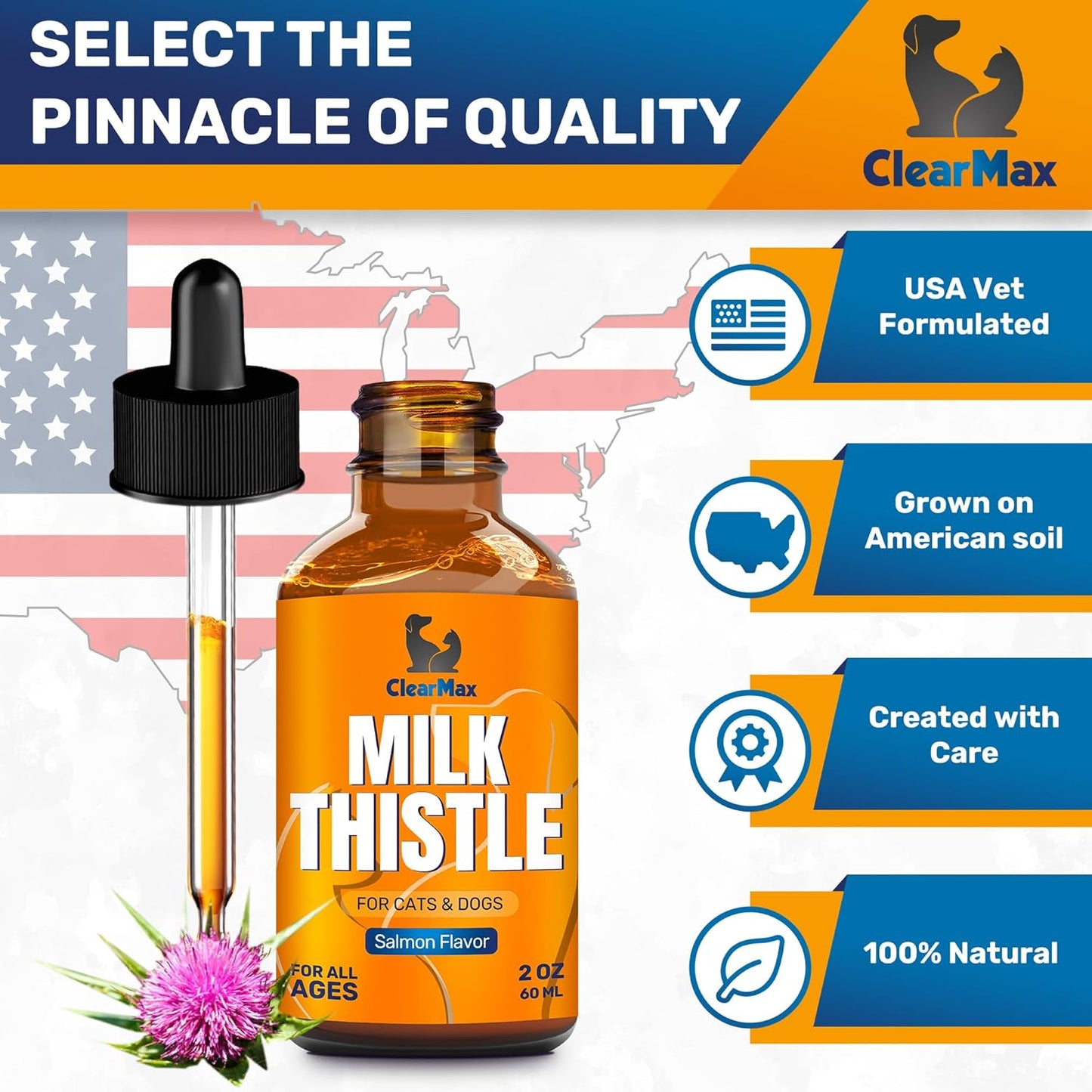 Liver and Kidney Support Supplement for Dogs and Cats - Clear Max Milk Thistle Formula - 2Oz Bottle