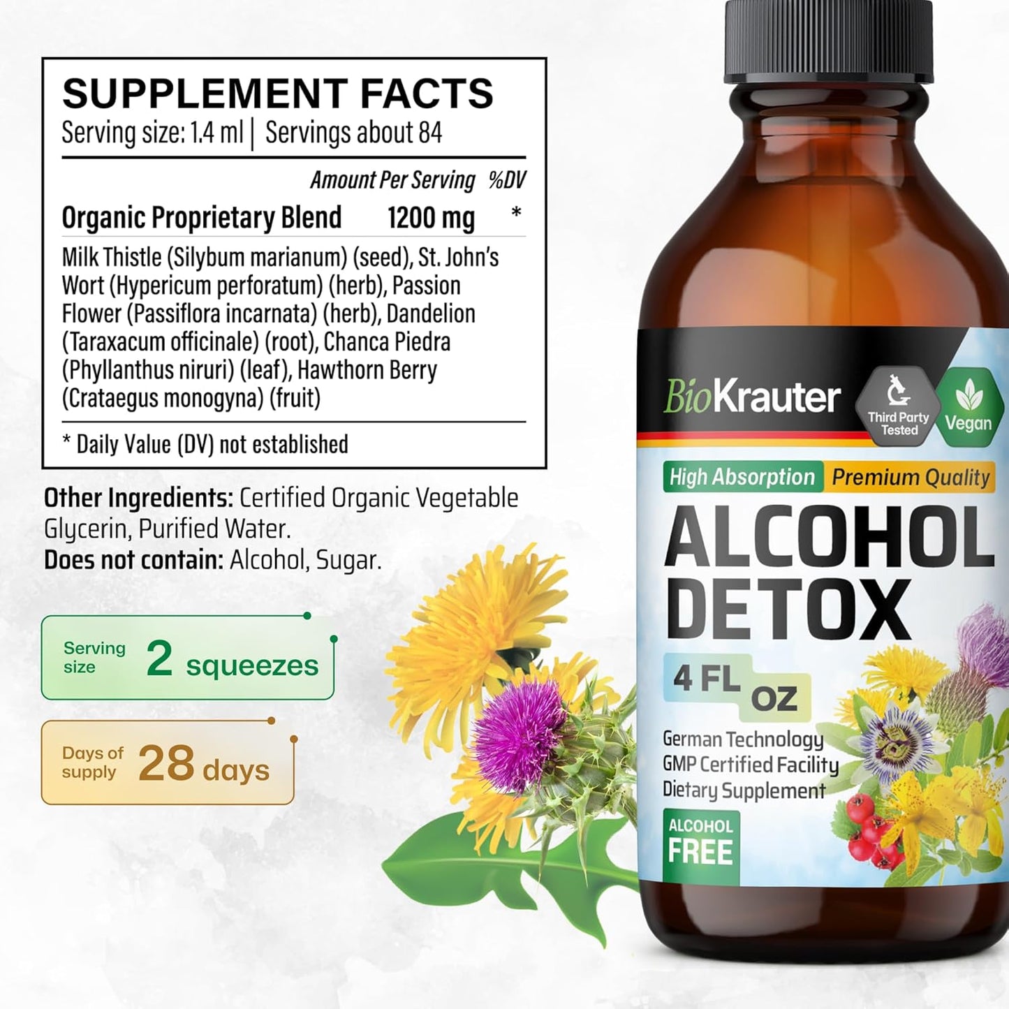 Liver Cleanse Alcohol Detox Tincture - Milk Thistle & Dandelion Formula - Vegan Liquid Extract - 4 Fl.Oz.