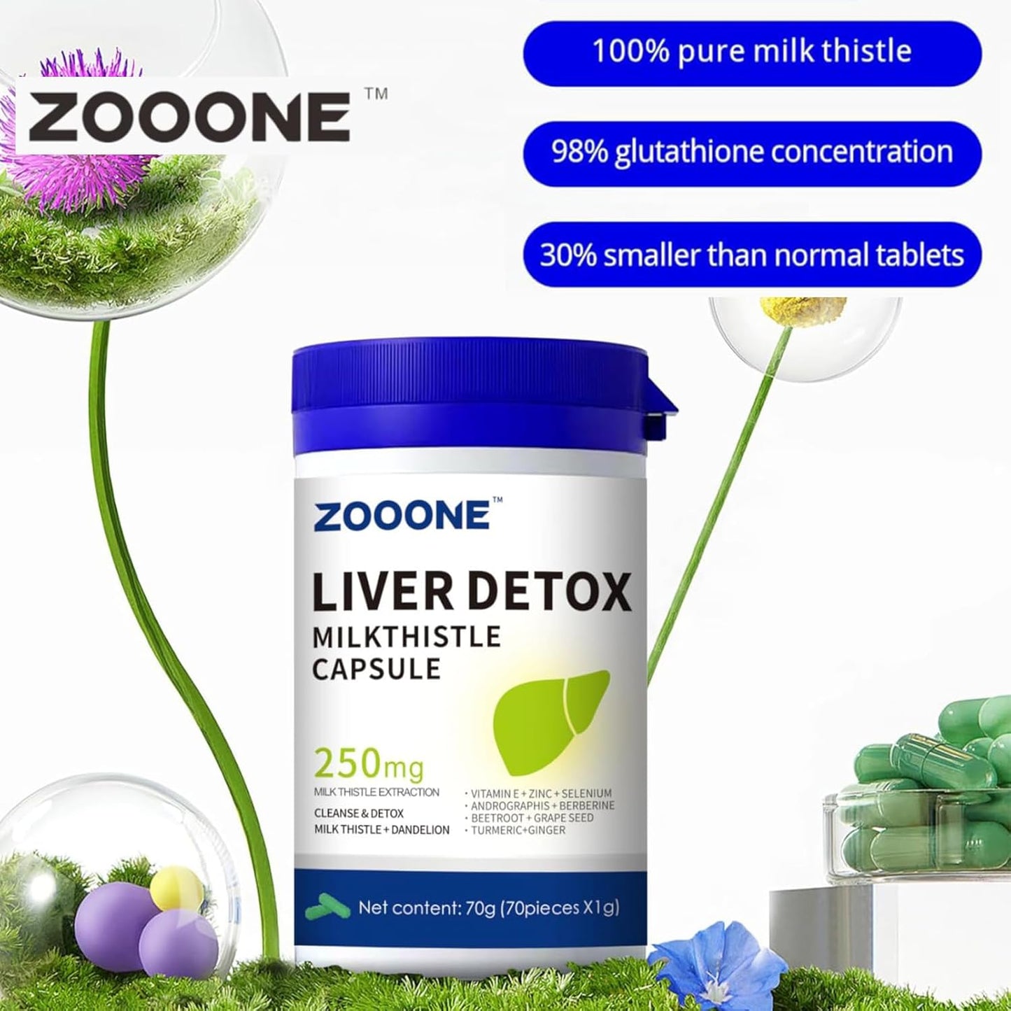 Liver Cleanse Detox Capsules with Milk Thistle, Dandelion, Turmeric & Ginger - Gallbladder & Kidney Support Supplement (70 Caps)