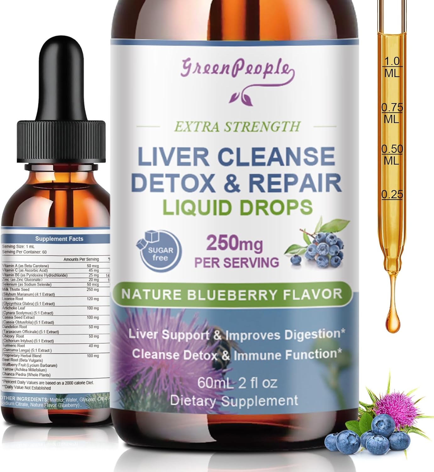 Liver Cleanse Detox Drops with Milk Thistle, Artichoke, and Dandelion - 16x Potent Liver Support Supplement - 2Fl Oz Blueberry Flavor
