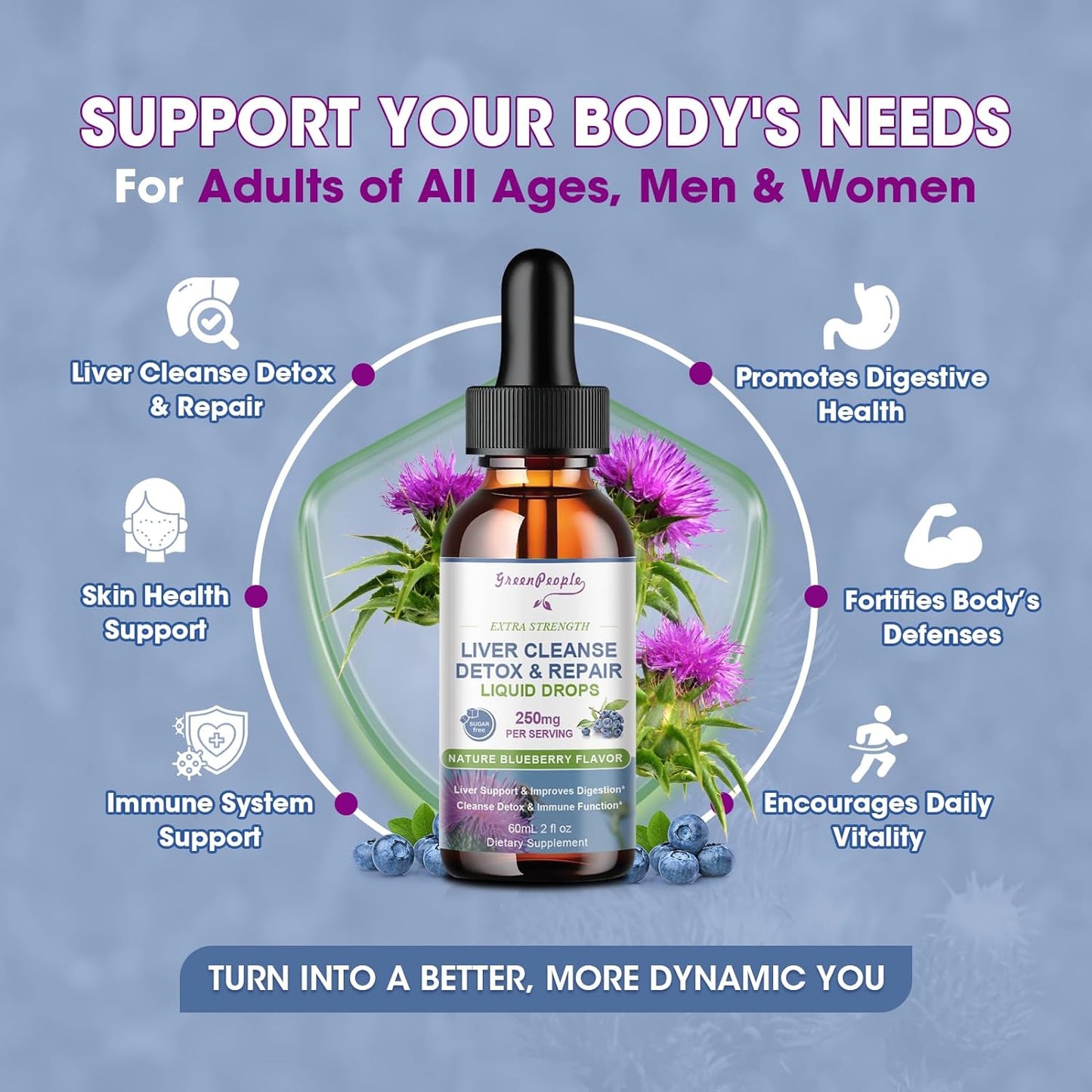 Liver Cleanse Detox Drops with Milk Thistle, Artichoke, and Dandelion - 16x Potent Liver Support Supplement - 2Fl Oz Blueberry Flavor