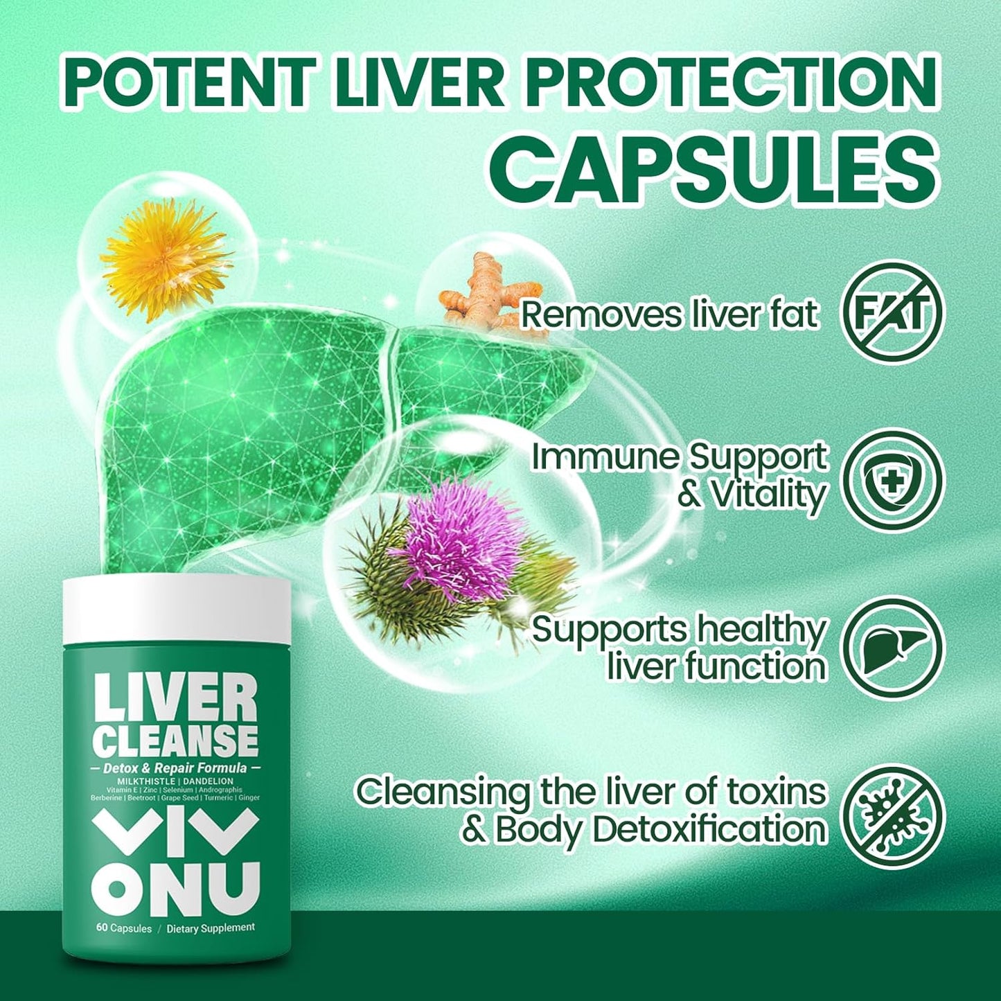 Liver Cleanse & Detox Formula with Milk Thistle & Natural Ingredients - 60 Capsules - Supports Liver Health & Repair