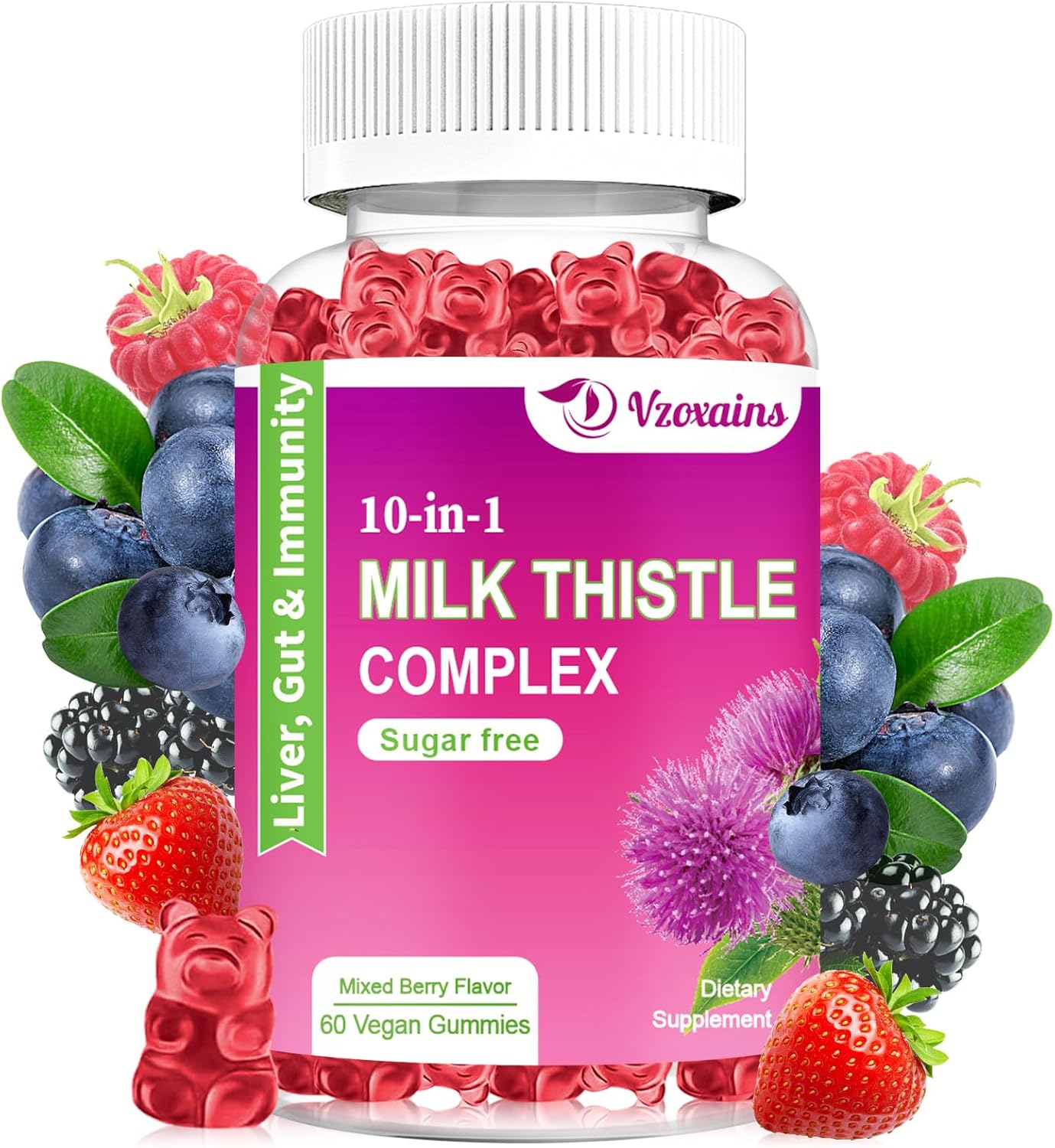 Liver Cleanse Detox Gummies with Milk Thistle, Dandelion Root, Turmeric, Artichoke - 10-in-1 Herbal Formula for Optimal Liver Function - Mixed Berry Flavor - Digestive Health Support