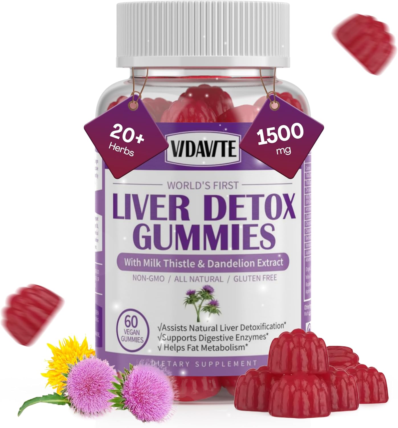 Liver Cleanse Detox Gummies with Silymarin, Artichoke, Dandelion & 20+ Herbs - 1500mg Supplement for Liver Support - Vegan (60 Gummies)