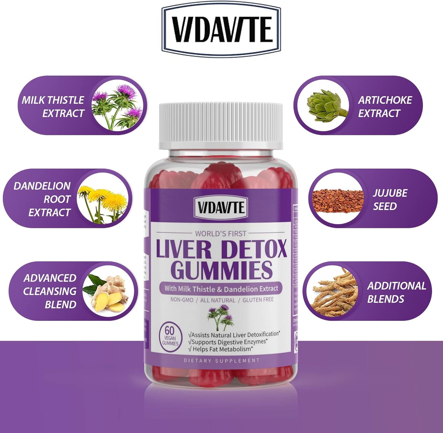 Liver Cleanse Detox Gummies with Silymarin, Artichoke, Dandelion & 20+ Herbs - 1500mg Supplement for Liver Support - Vegan (60 Gummies)