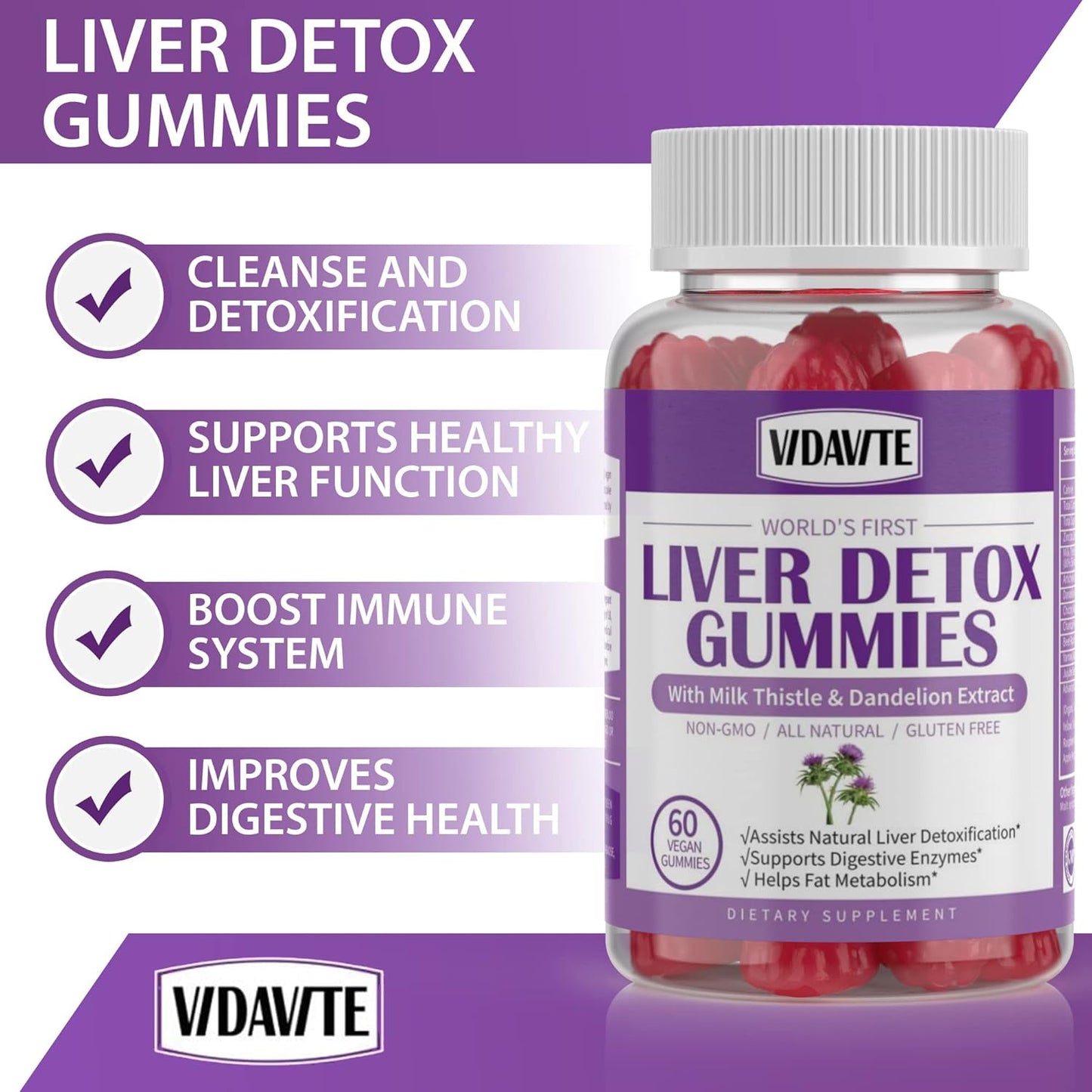 Liver Cleanse Detox Gummies with Silymarin, Artichoke, Dandelion & 20+ Herbs - 1500mg Supplement for Liver Support - Vegan (60 Gummies)