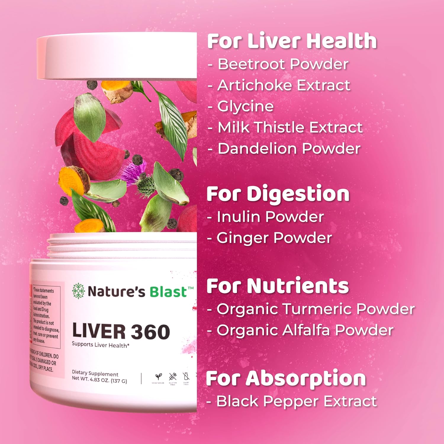 Liver Cleanse Detox & Repair Powder Supplement with Artichoke, Turmeric, and Milk Thistle - Fruit Punch Flavor, NATURES BLAST Liver 360, 1 Bottle