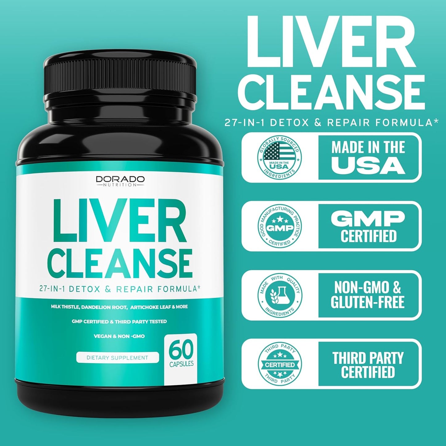 Liver Cleanse Detox & Repair Supplement - 27-in-1 Formula with Milk Thistle, Dandelion, Turmeric - Liver Detox Support - Vegan, USA Made (60 Count)