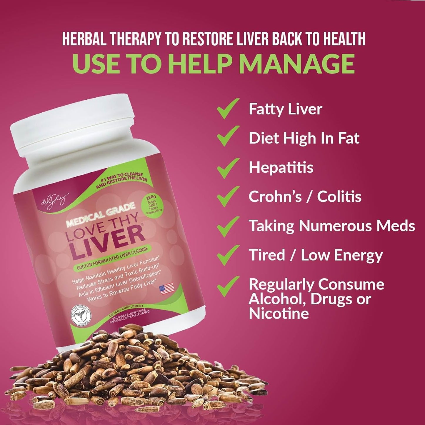 Liver Cleanse Detox & Repair Supplement - Enzymes, Herbs, Nutritive Ingredients - 60 Veggie Capsules - Dr. Liz Cruz Love Thy Liver