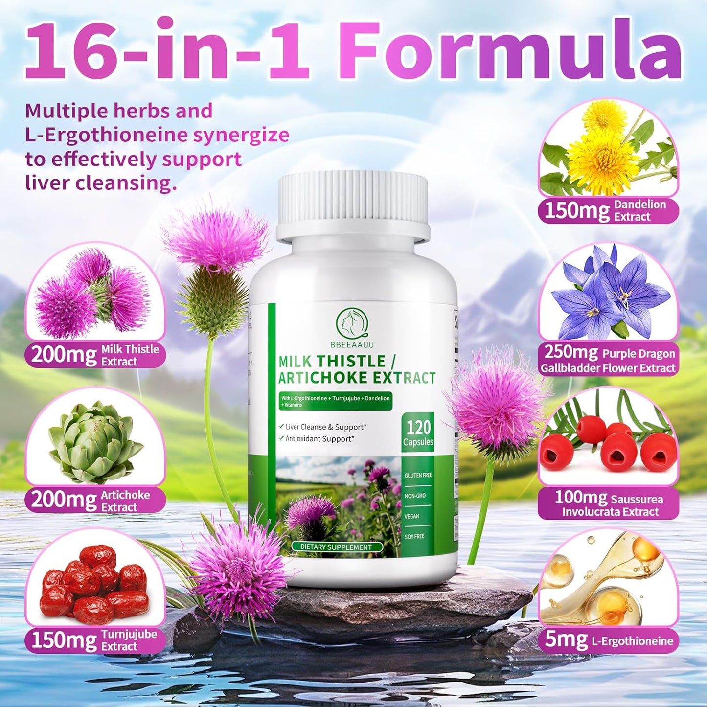Liver Cleanse Detox Supplement with 16 Herbal Ingredients & Antioxidants - 120 Capsules