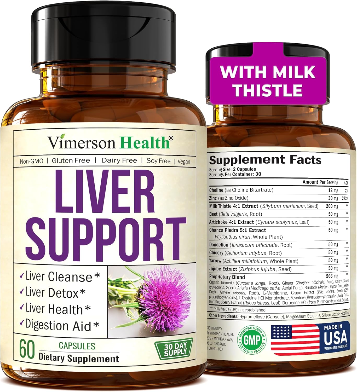 Liver Cleanse Detox Supplement with Milk Thistle, Choline, Artichoke, Chicory & Dandelion - 60 Liver Health Capsules by Vimerson Health