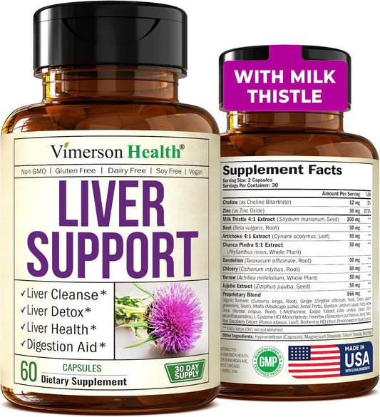 Liver Cleanse Detox Supplement with Milk Thistle, Choline, Artichoke, Chicory & Dandelion - 60 Liver Health Capsules by Vimerson Health