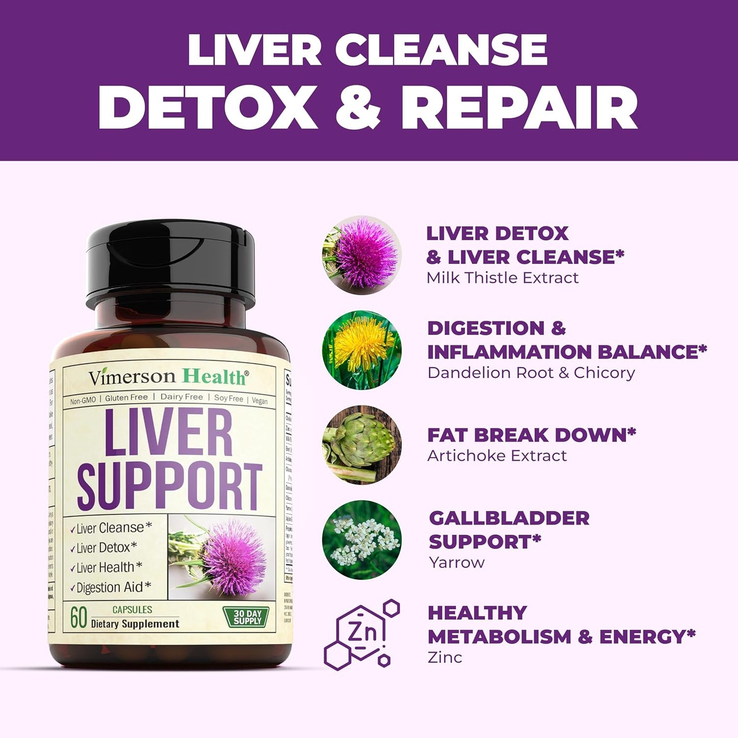 Liver Cleanse Detox Supplement with Milk Thistle, Choline, Artichoke, Chicory & Dandelion - 60 Liver Health Capsules by Vimerson Health