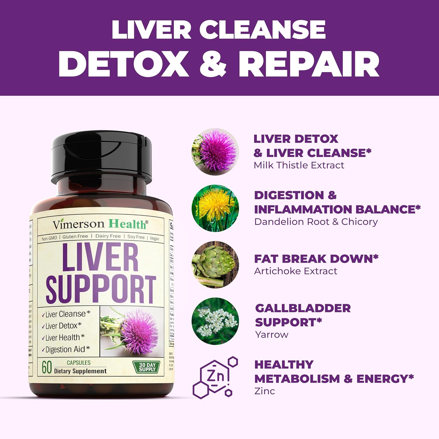 Liver Cleanse Detox Supplement with Milk Thistle, Choline, Artichoke, Chicory & Dandelion - 60 Liver Health Capsules by Vimerson Health