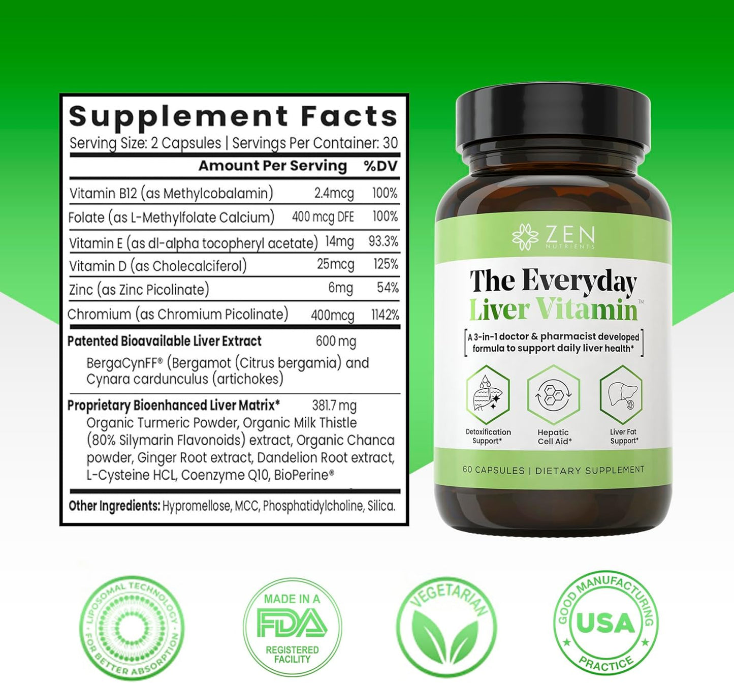 Liver Cleanse & Detox Support Supplement with Organic Ingredients - Zen Nutrients Liver Vitamin for Everyday Liver Health & Repair - Fatty Liver Detox Formula with Bergacyn FF, Milk Thistle, Dandelion Root & Artichoke Extract