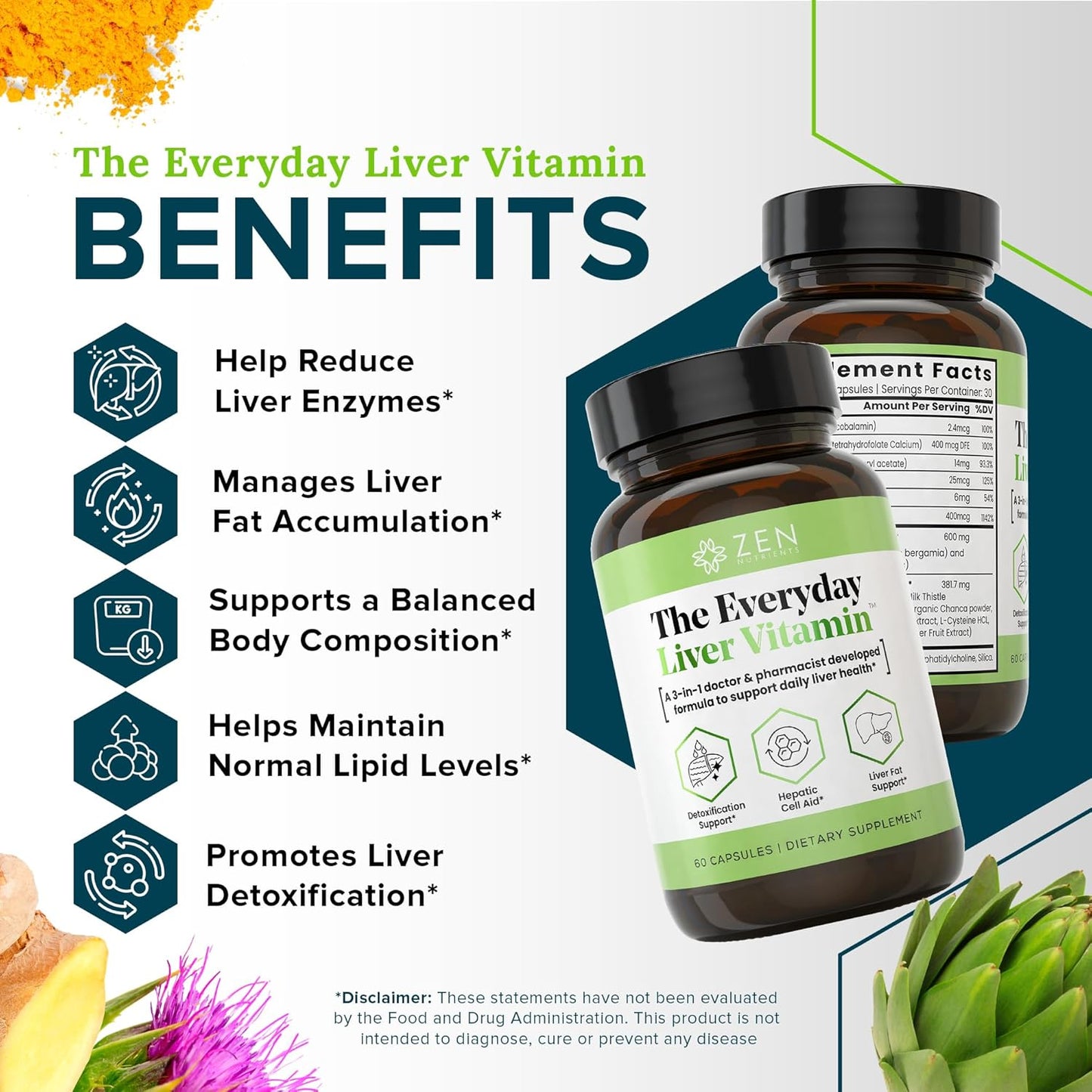 Liver Cleanse & Detox Support Supplement with Organic Ingredients - Zen Nutrients Liver Vitamin for Everyday Liver Health & Repair - Fatty Liver Detox Formula with Bergacyn FF, Milk Thistle, Dandelion Root & Artichoke Extract