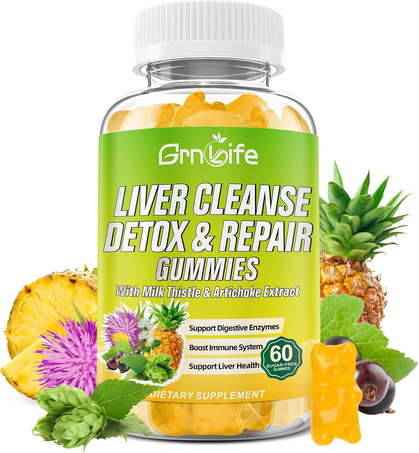 Liver Cleanse Gummies with Milk Thistle 3000mg - 24-in-1 Liver Health Supplement - Dandelion & Artichoke - 60 Sugar-Free Pineapple Flavored Gummies