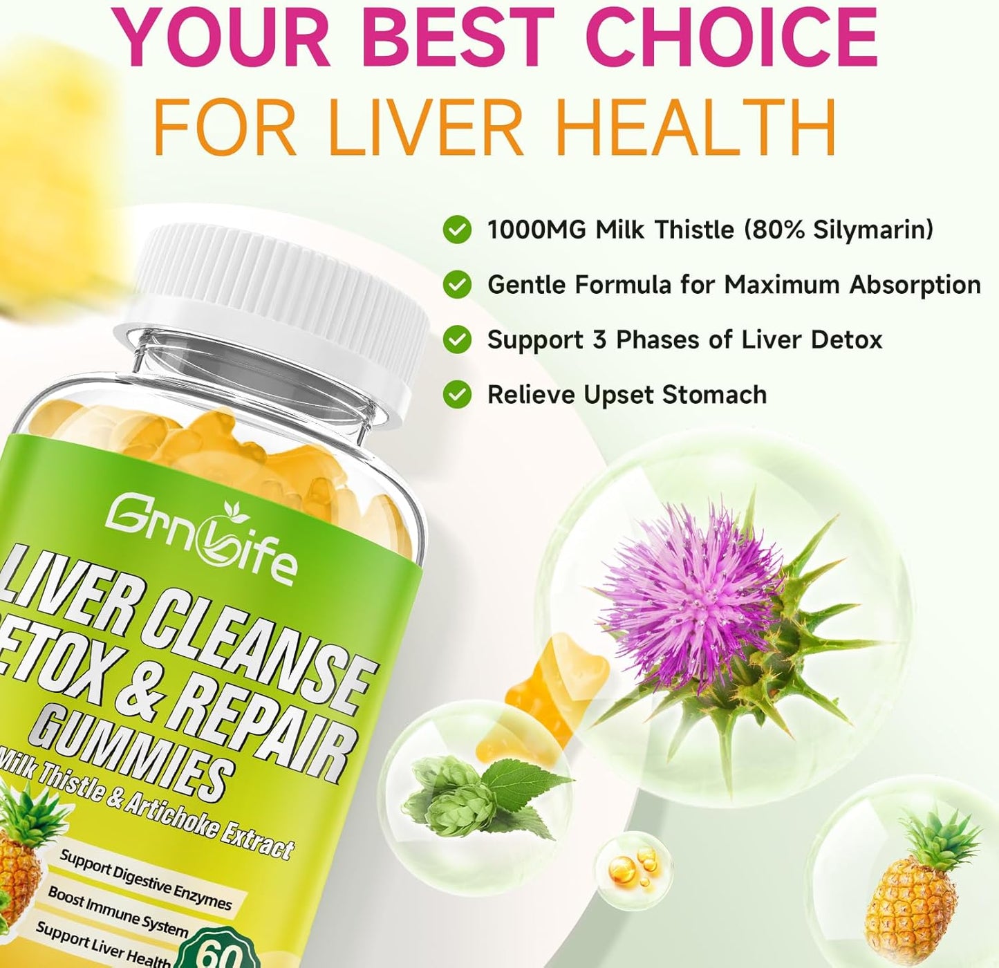 Liver Cleanse Gummies with Milk Thistle 3000mg - 24-in-1 Liver Health Supplement - Dandelion & Artichoke - 60 Sugar-Free Pineapple Flavored Gummies