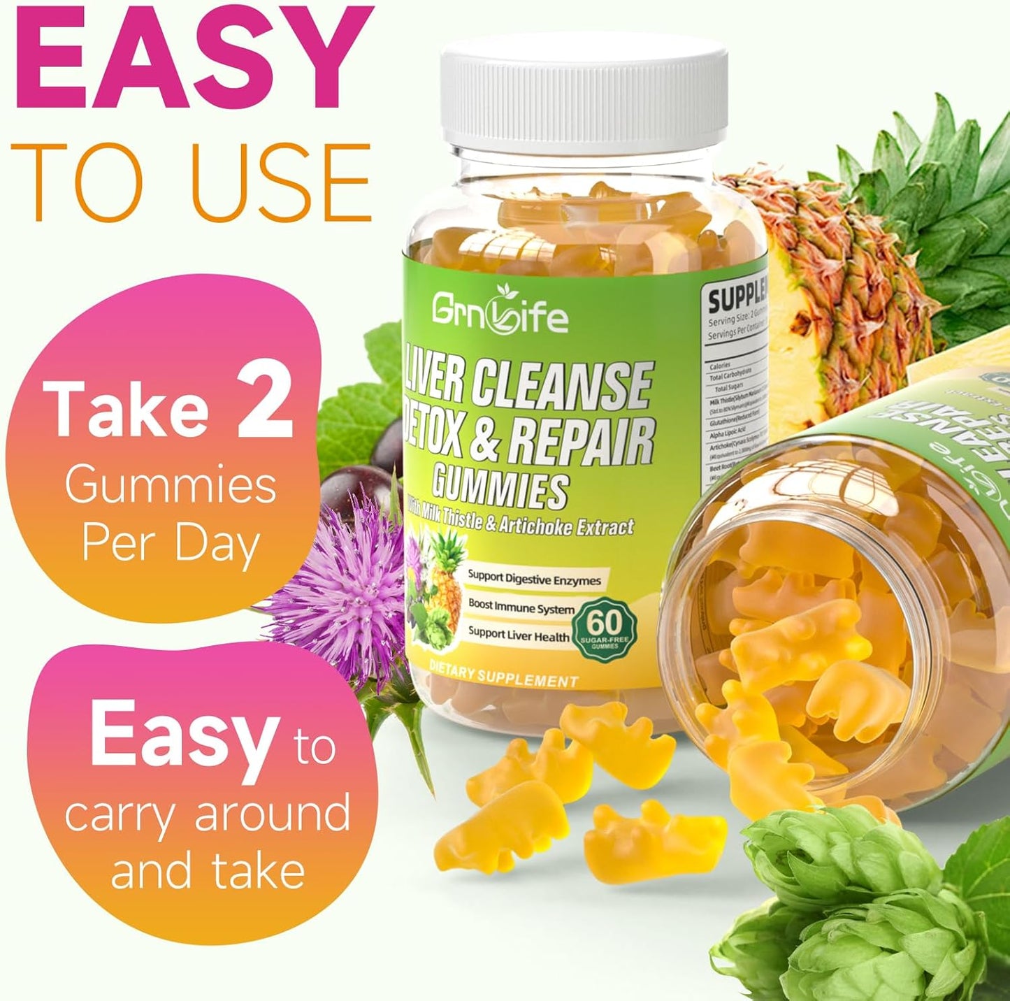 Liver Cleanse Gummies with Milk Thistle 3000mg - 24-in-1 Liver Health Supplement - Dandelion & Artichoke - 60 Sugar-Free Pineapple Flavored Gummies