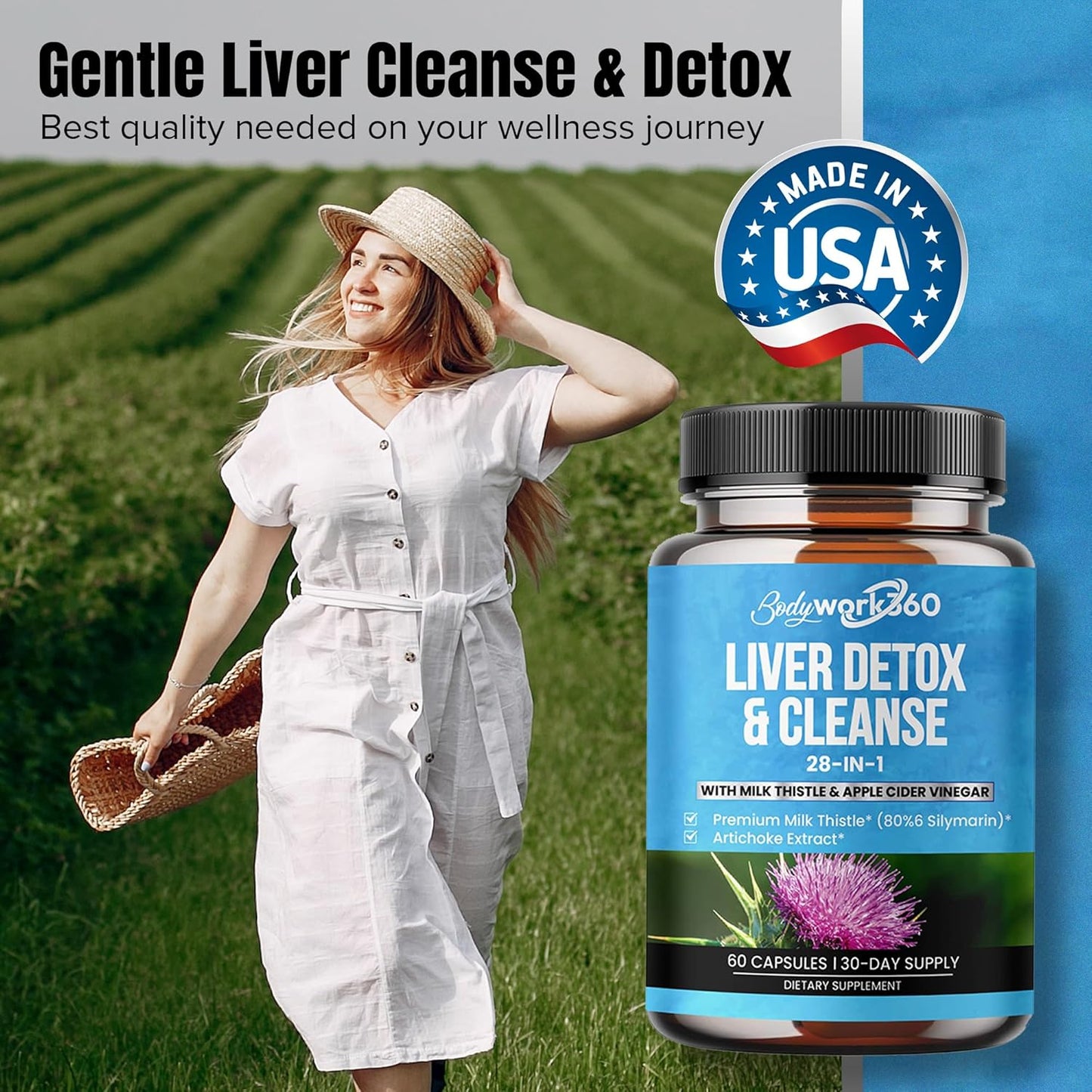 Liver Detox & Cleanse Supplement with Milk Thistle & Apple Cider Vinegar - 28-in-1 Liver Repair for Men & Women - Non-GMO, 60 Capsules