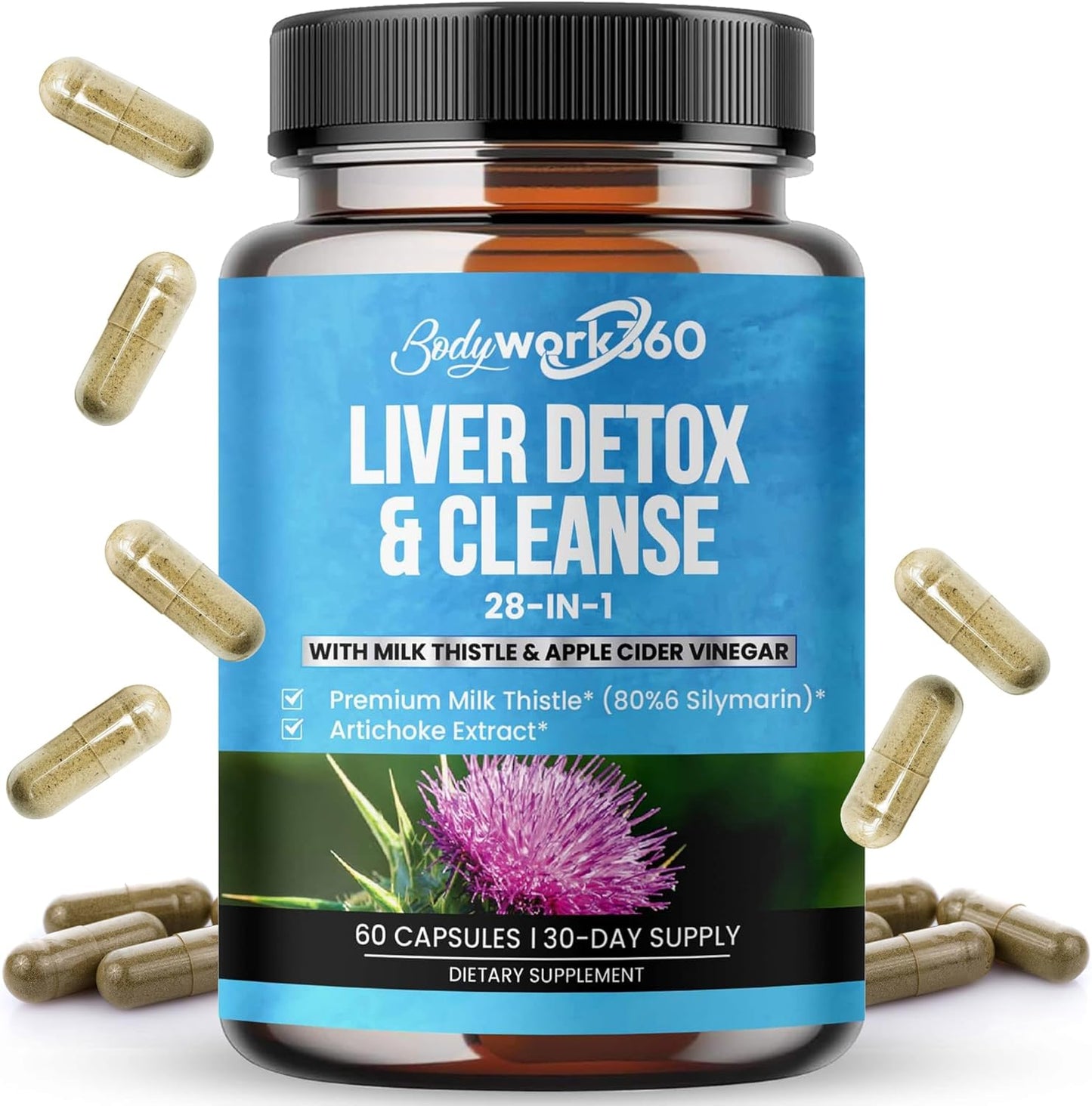 Liver Detox & Cleanse Supplement with Milk Thistle & Apple Cider Vinegar - 28-in-1 Liver Repair for Men & Women - Non-GMO, 60 Capsules