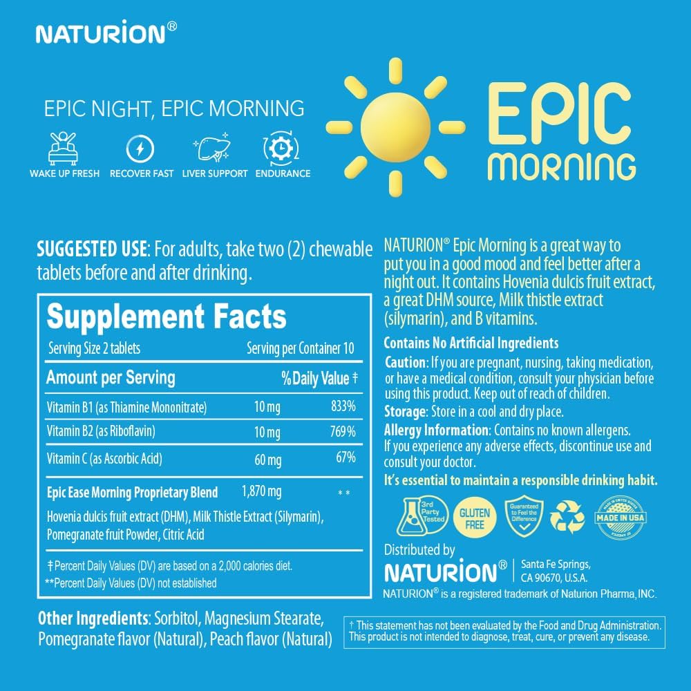 Liver Detox & Repair Supplement with DHM, Milk Thistle, Vitamin C, B1, B2 & Pomegranate - 20 Chewable Tablets for Morning Recovery - Natural Pomegranate & Peach Flavor