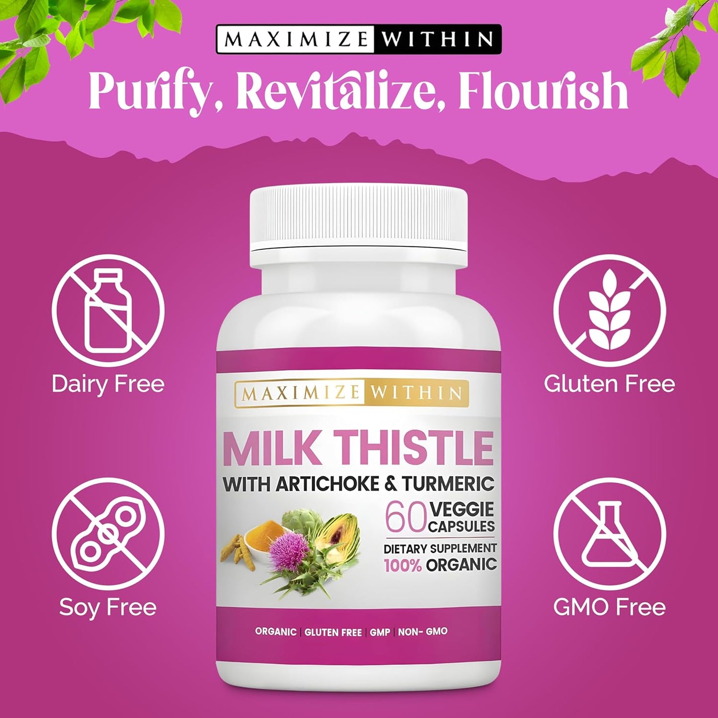 Liver Detox Support Supplement with Milk Thistle, Artichoke & Turmeric - Promotes Digestive Health, 60 Capsules