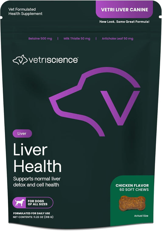 Liver Health Chews for Dogs - Vetri Liver Detox Supplement with Milk Thistle, Turmeric, and Artichoke Leaf - Chicken Flavor, 60 Count