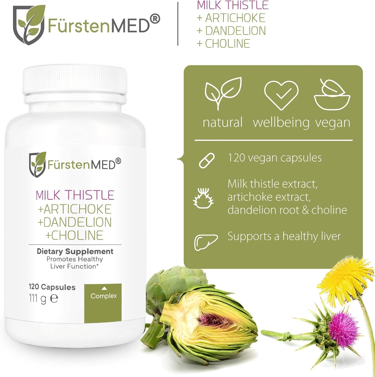 Liver Health Supplement with Milk Thistle, Artichoke Extract, Dandelion Root & Choline - Vegan Support - 120 Capsules - High Silymarin Dose