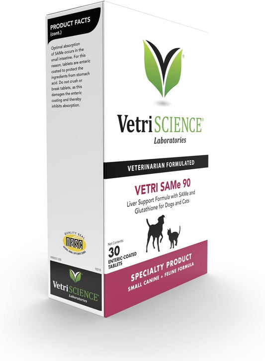 Liver Health Support Supplement for Dogs & Cats - VetriScience SAM-e with Glutathione - 30 Tablets, 1-Month Supply - 90mg