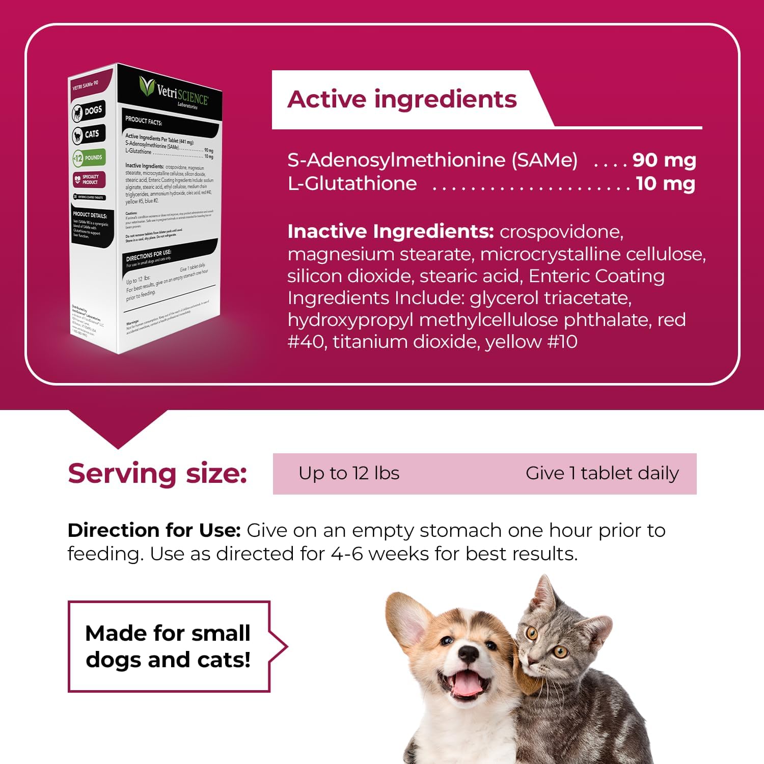 Liver Health Support Supplement for Dogs & Cats - VetriScience SAM-e with Glutathione - 30 Tablets, 1-Month Supply - 90mg