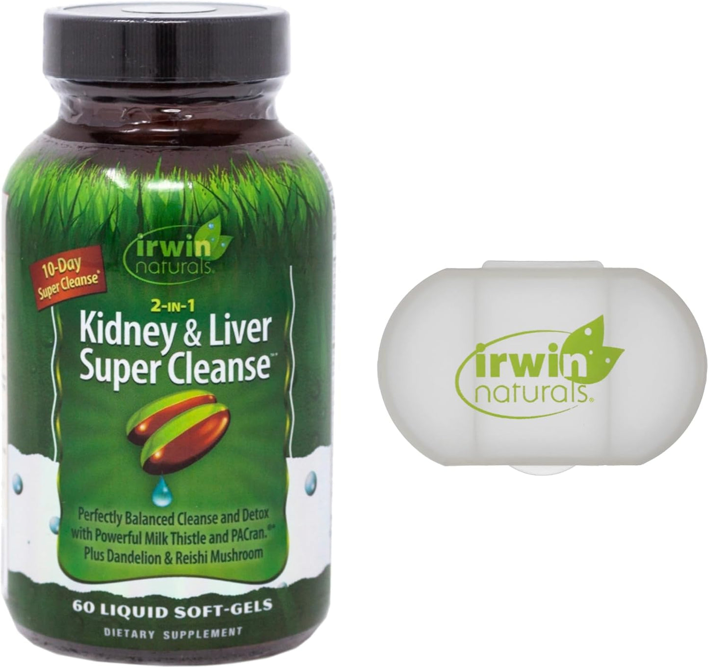 Liver & Kidney Detox Cleanse Bundle - Irwin Naturals 2-in-1 Super Cleanse (60 Softgels) + Pill Case - Support Healthy Function & Repair