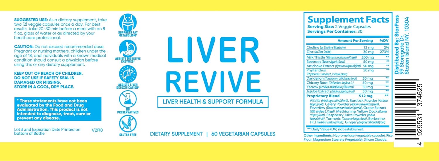 Liver Revive Detox & Support Formula with Artichoke, Dandelion Root, Beetroot - Liver Defense Supplement for Healthy Function - 60 Capsules
