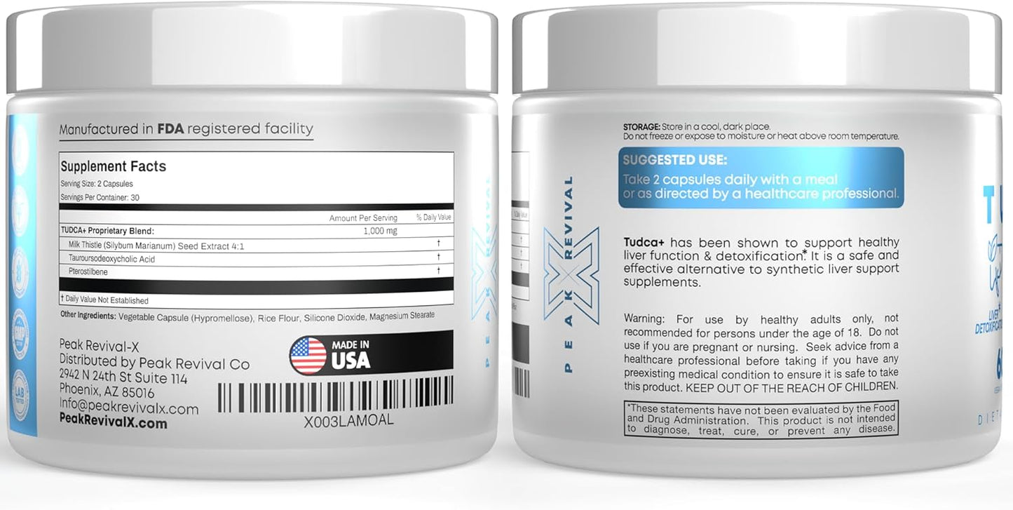 Liver Support & Stamina Booster Supplement - Peak Revival-X TUDCA+ 1000mg with Bile Salt, Turkesterone & Tongkat Ali - 60 Capsules