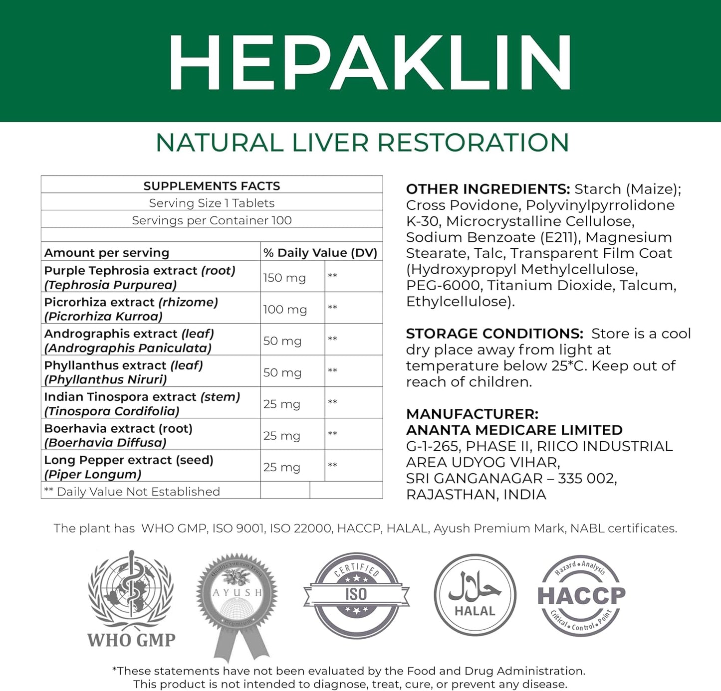 Liver Support Supplement - ANANTA MEDICARE Hepaklin, 100 Tablets for Liver Health and Detox