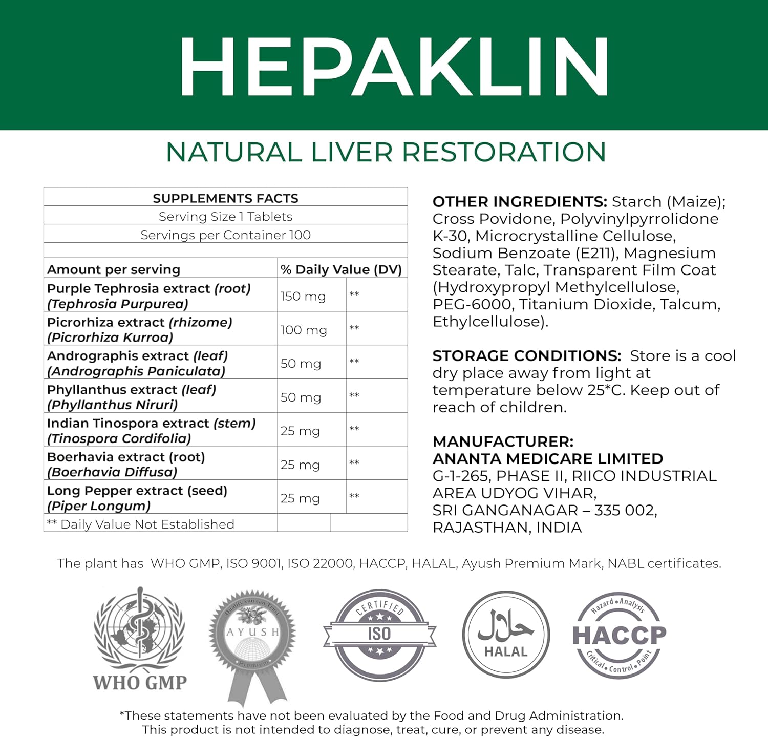 Liver Support Supplement - ANANTA MEDICARE Hepaklin, 100 Tablets for Liver Health and Detox